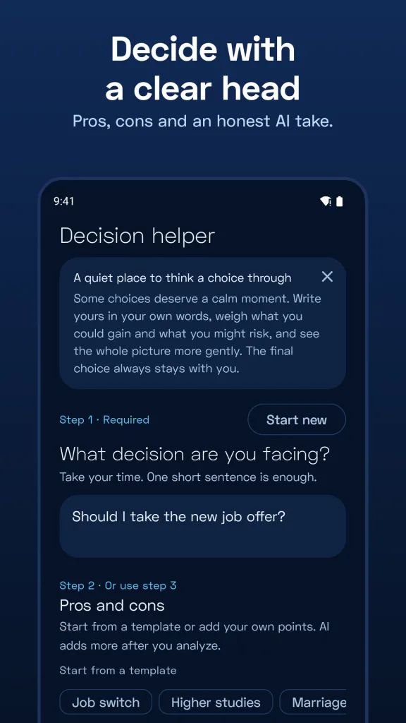 Decision helper with pros and cons